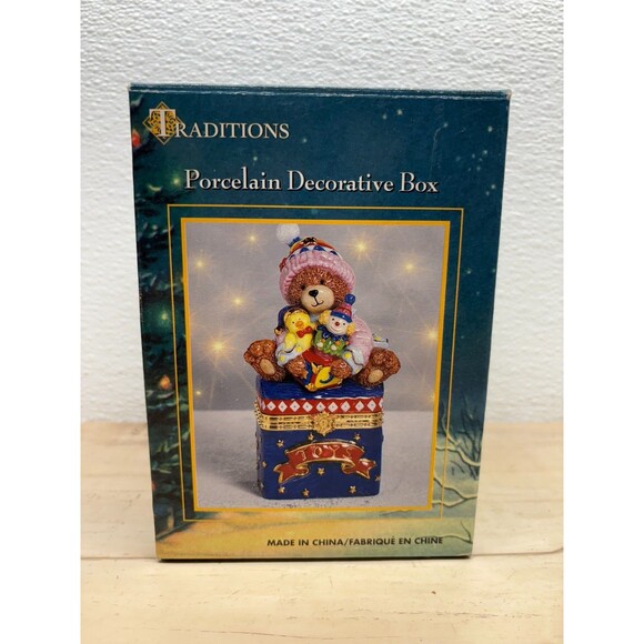 Traditions Porcelain Decorative Trinket Box Hand Painted Teddy Bear With Toys - Picture 13 of 16